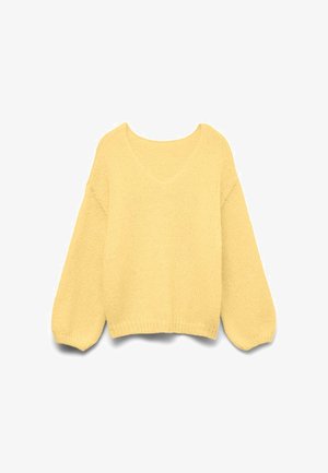 Mehak, pastelno rumen pleteni pulover z V-izrezom, dolgimi rokavi v obliki balona in rebrastimi manšetami ter spodnjim robom.