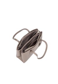 Borsa tote in pelle beige con due compartimenti con cerniera, doppi manici, texture liscia e branding discreto sul davanti.