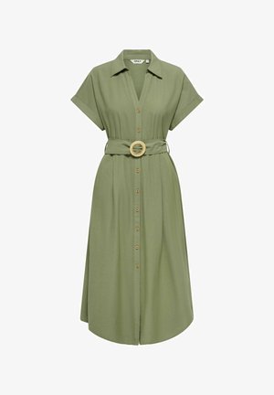 Robe midi boutonnée vert olive, manches courtes, col et ceinture assortie avec une boucle ronde tissée.