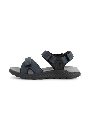 Zwarte en donkergrijze sandalen met open tenen, verstelbare banden en een gestructureerde zool, ontworpen voor informeel buitengebruik.