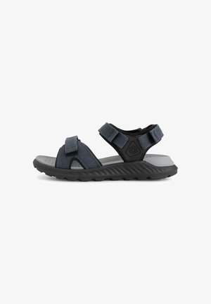 Zwarte en donkergrijze sandalen met open tenen, verstelbare banden en een gestructureerde zool, ontworpen voor informeel buitengebruik.