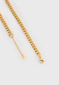 Kuldne kett kaelakee, millel on omavahel seotud lingid, koos homaarlukuga ja pikendusketiga ümmarguse ripatsiga.