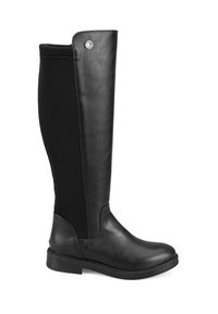 Schwarze kniehoche Stiefel aus Leder und elastischem Material, mit einer glatten Textur und einem runden silbernen Akzent an der Oberseite.