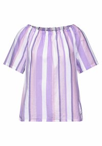 Top off-shoulder con righe verticali in lavanda, lilla e bianco. Realizzato in tessuto leggero con scollo arricciato e maniche corte.
