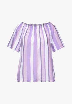 Off-shoulder topp med vertikala ränder i lavendel, ljuslila och vitt. Tillverkad av lätt tyg med rynkad halsringning och korta ärmar.