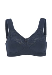Mörkblå bh med spetsdetaljer på den övrepanelen, en central rosett, breda band och mjukt tyg för komfort.