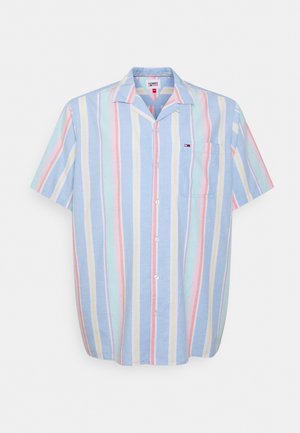 Chemise à manches courtes avec boutons, à rayures verticales pastel en bleu, rose, jaune et blanc, dotée d'une poche poitrine et d'un col.