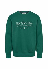 Sweat-shirt vert à manches longues U.S. Polo Assn. avec texte blanc du logo et petit graphique d'un joueur de polo sur la poitrine.