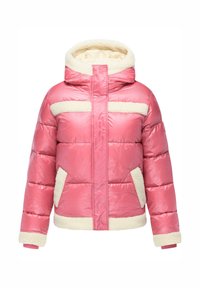 Rosa pufferjakke med cremefarvede faux fur-detaljer, hætte og sidelommer; har en kviltet design og ribbede manchetter. Vandtæt ydre materiale.