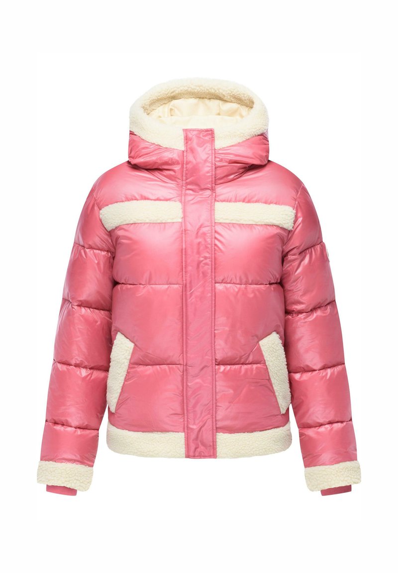 Rosa pufferjakke med cremefarvede faux fur-detaljer, hætte og sidelommer; har en kviltet design og ribbede manchetter. Vandtæt ydre materiale.