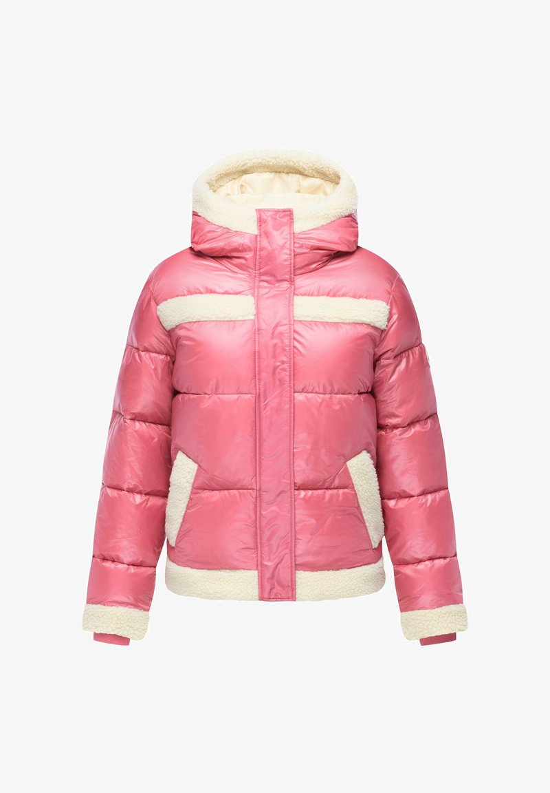 Rosa pufferjakke med cremefarvede faux fur-detaljer, hætte og sidelommer; har en kviltet design og ribbede manchetter. Vandtæt ydre materiale.