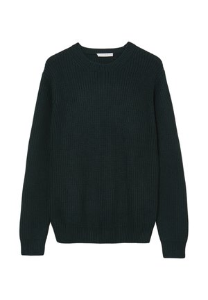 Maglione lavorato a maglia verde scuro con colletto girocollo, polsini e orlo a costine. Presenta un motivo testurizzato e maniche lunghe per il calore.