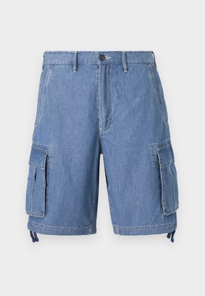 Blue denim cargo shorts with a button closure, two front pockets, and two large side flap pockets. Includes adjustable drawstrings at the hem.