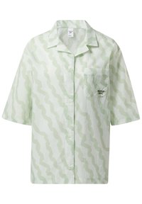 Chemise à manches courtes boutonnée, vert clair et blanc, avec un motif en zigzag et une poche ornée d'un petit logo Reebok sur la poitrine.