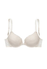 Bež zloženi modrček z valovitimi robovi in mrežastim prekrivanjem z motivom srčkov, nastavljivimi naramnicami in zaponko na zadnji strani.