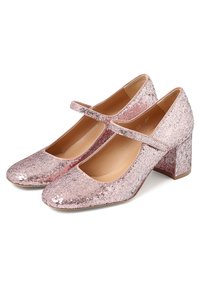 Růžové třpytivé Mary Jane boty s kulatou špičkou, nízkým blokovým podpatkem a elastickým popruhem přes střední část chodidla. Třpytivý povrch.