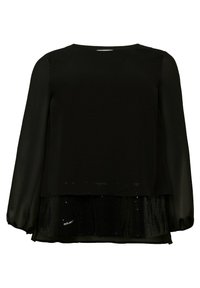 Blusa nera a maniche lunghe con uno strato superiore trasparente e uno strato inferiore testurizzato con paillettes. Collo arrotondato, vestibilità rilassata, polsini arricciati.