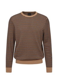 Gestreifter Pullover in Braun und Marineblau mit rundem Ausschnitt, gerippten Bündchen und Saum. Aus strukturiertem Strickstoff gefertigt und mit einem lässigen Schnitt.