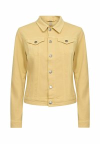 Gul denimjacka med klassisk krage, framknäppning, två bröstfickor och långa ärmar. Slät struktur och figursydd design.