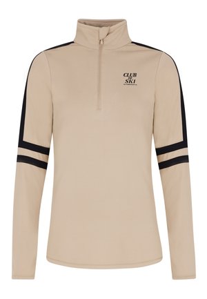 Beige rits-pullover met een hoge kraag, zwarte accentstrepen op de mouwen en het "CLUB de SKI" logo op de borst. Zachte, gladde stofstructuur.