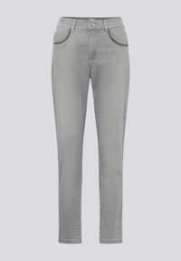 Gray denim jeans with a slim fit, featuring five pockets, a button front, and contrasting stitching along pocket edges. Smooth texture.
