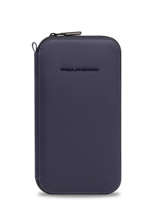 Bustina rettangolare blu navy con zip, angoli arrotondati, logo "Piquadro" in rilievo al centro della parte anteriore.