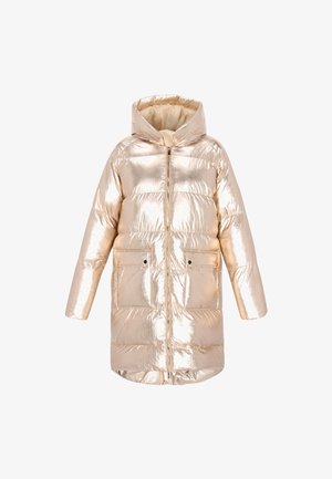 Cappotto invernale imbottito metallizzato oro lucido con cappuccio, zip frontale e due tasche a patta con bottoni a pressione.