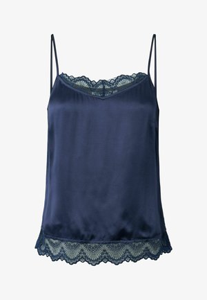 Satijnen marineblauwe camisole met verstelbare bandjes en een gerafelde kanten rand in een contrasterende tint bij de halslijn en zoom. Gladde textuur.