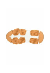 Suola della scarpa con intersuola bianca e motivo di trazione in gomma arancione, con bordi curvi e design a spina di pesce per una migliore aderenza.
