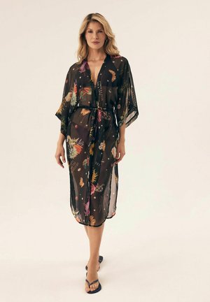 Transparent black kimono with colorful floral and butterfly patterns, featuring elbow-length sleeves and a waist tie belt.