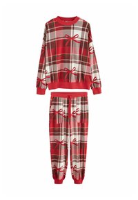 Red and brown plaid pajama set, featuring a sweatshirt with long sleeves and matching pants. Bows are printed throughout the design.