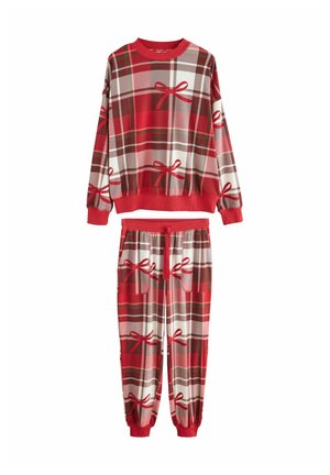 Red and brown plaid pajama set, featuring a sweatshirt with long sleeves and matching pants. Bows are printed throughout the design.