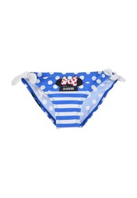Culotte da bikini blu con motivi a pois e a righe, dotate di lacci laterali bianchi annodati e una grafica di Minnie Mouse sulla parte frontale.