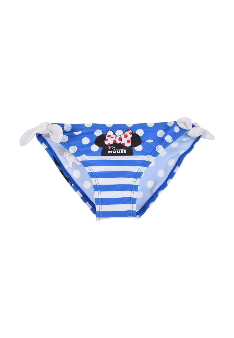 Culotte da bikini blu con motivi a pois e a righe, dotate di lacci laterali bianchi annodati e una grafica di Minnie Mouse sulla parte frontale.