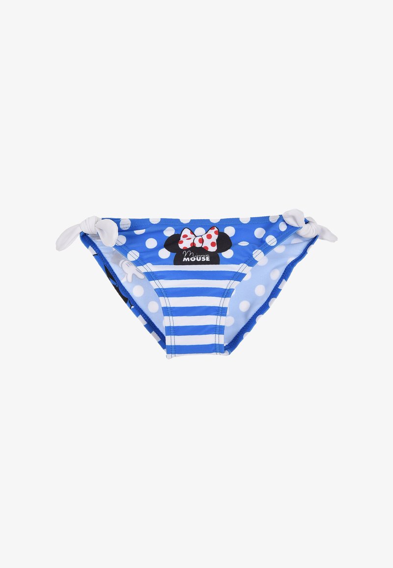Bañador de bikini azul con patrones de lunares y rayas, que cuenta con cintas laterales blancas anudadas y un gráfico de Minnie Mouse en la parte frontal.