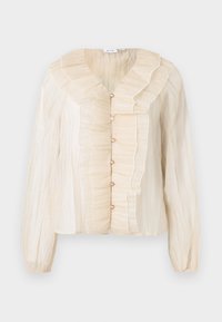 Kremfarget bluse med rynket halslinning og front, knappelukking, lange ermer og myk tekstur. Accenter i matching tone.