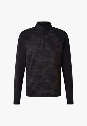 Sort langærmet pullover med høj krave og kvartlynlås. Har tekstureret camouflage-mønster og kontrasterende ensfarvede sorte ærmer.