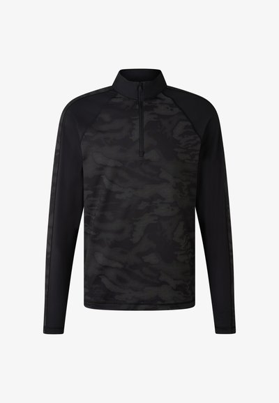 Schwarzer Langarm-Pullover mit hohem Kragen und Viertel-Reißverschluss. Verfügt über ein strukturiertes Tarnmuster und kontrastierende einfarbige schwarze Ärmel.