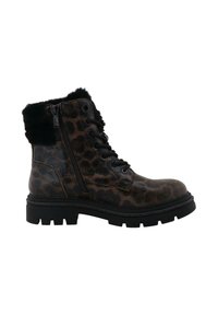 Bruine en zwarte luipaardprint enkellaars met zwarte bontaccenten, een zijrits, veters en een dikke, gegroefde zool.