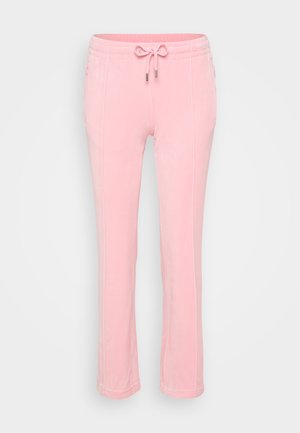 Pink sweatpants with a drawstring waist, tapered legs, and side pockets; made of soft, textured fabric with subtle seam details.