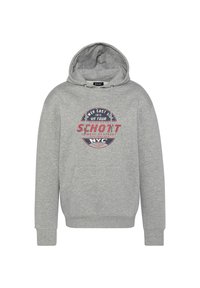 Sudadera gris fabricada en un tejido suave, con un bolsillo frontal, cordones ajustables y un gráfico circular con texto en rojo y azul.