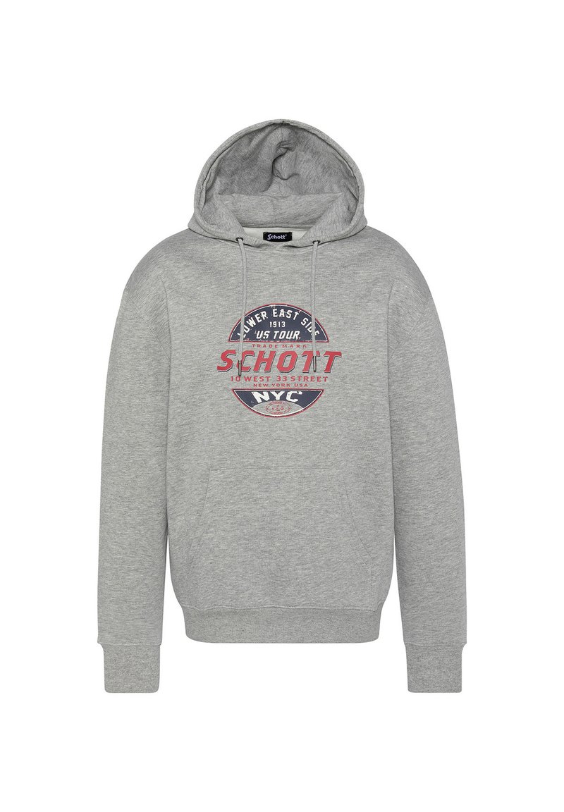 Sudadera gris fabricada en un tejido suave, con un bolsillo frontal, cordones ajustables y un gráfico circular con texto en rojo y azul.