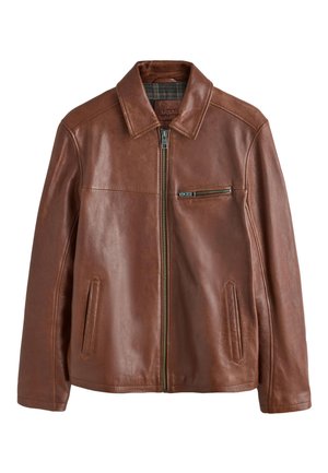 Close-up of a bearded man wearing a brown leather jacket with a front zipper and a horizontal zippered chest pocket.