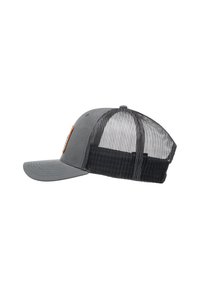 Gray baseball cap with a solid front, mesh back, and adjustable strap. Features a small patch on the front. Smooth fabric, structured design.