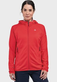 Rote Zip-Jacke mit Kapuze und seitlichen Taschen, aus strukturiertem Stoff und mit einem Logo auf der Brust. Taillierte Passform mit langen Ärmeln.