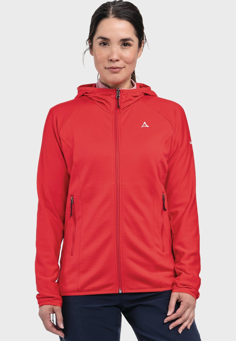 Rote Zip-Jacke mit Kapuze und seitlichen Taschen, aus strukturiertem Stoff und mit einem Logo auf der Brust. Taillierte Passform mit langen Ärmeln.