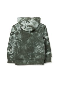 Vista trasera de una sudadera de niño con un patrón de teñido anudado en verde oscuro y blanco, con puños y cintura acanalados.