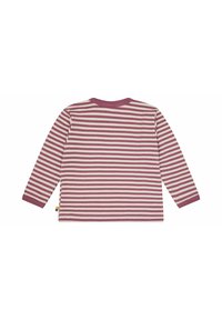 Maglietta a maniche lunghe con sottili righe bordeaux e bianche, in cotone, colletto tondo e polsini a costine. Etichetta sulla cucitura laterale per il branding.