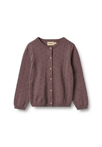 Strickjacke in staubigem Mauve mit Rundhalsausschnitt, langen Ärmeln und Knopfverschluss. Besitzt ein strukturiertes Muster und beige Knöpfe.