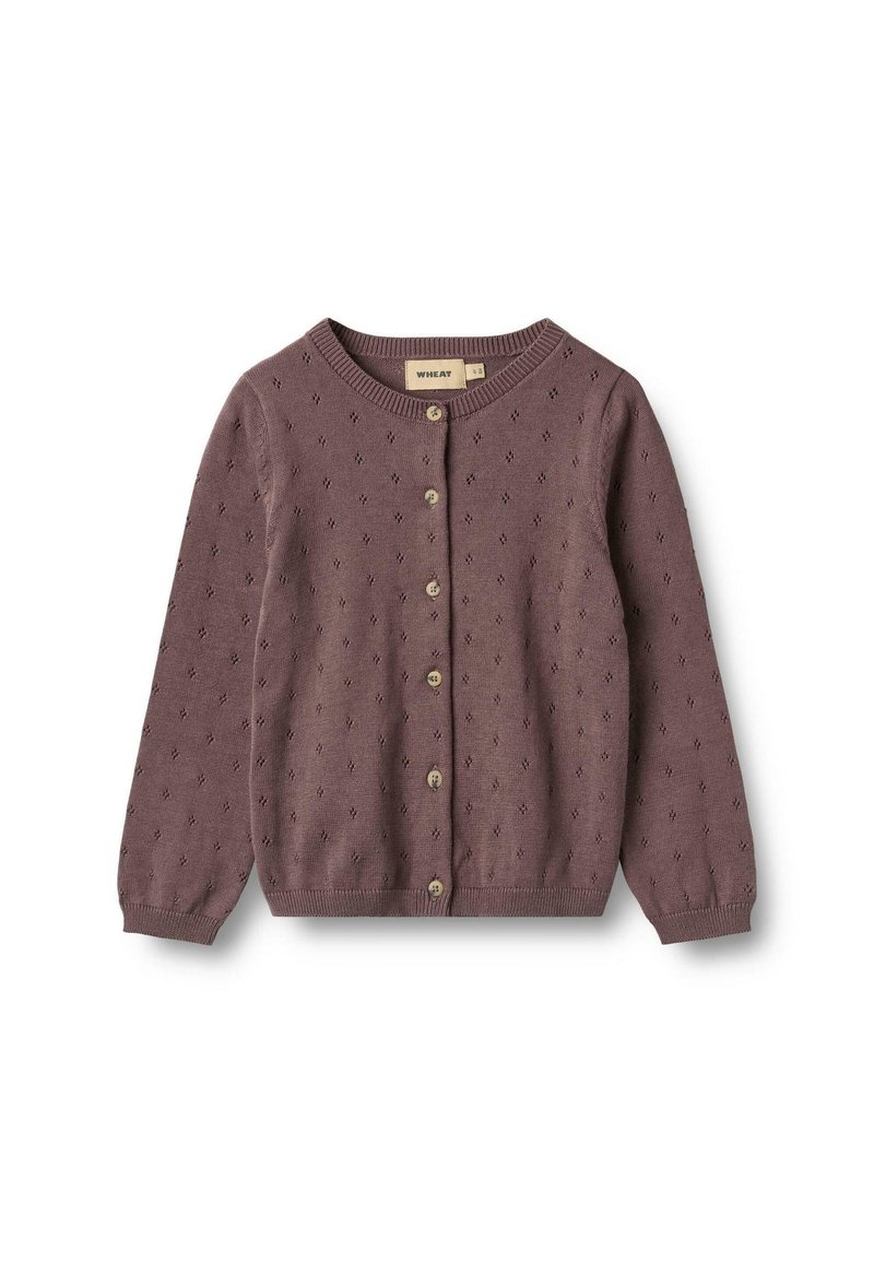 Strickjacke in staubigem Mauve mit Rundhalsausschnitt, langen Ärmeln und Knopfverschluss. Besitzt ein strukturiertes Muster und beige Knöpfe.